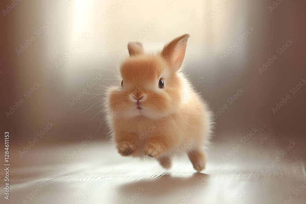 A fluffy baby bunny hopping indoors on a soft, light-colored floor with a dreamy atmosphere
A fluffy baby bunny hopping indoors on a soft, light-colored floor with a dreamy atmosphere