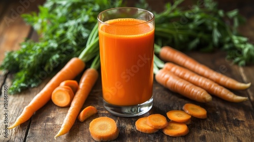 Fresh carrot juice on rustic wooden table with carrots and greens photo