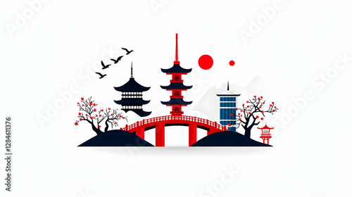 Japanese Landscape Illustration: Minimalist Flat Design Featuring Red Bridge, Pagoda, and Cherry Blossoms