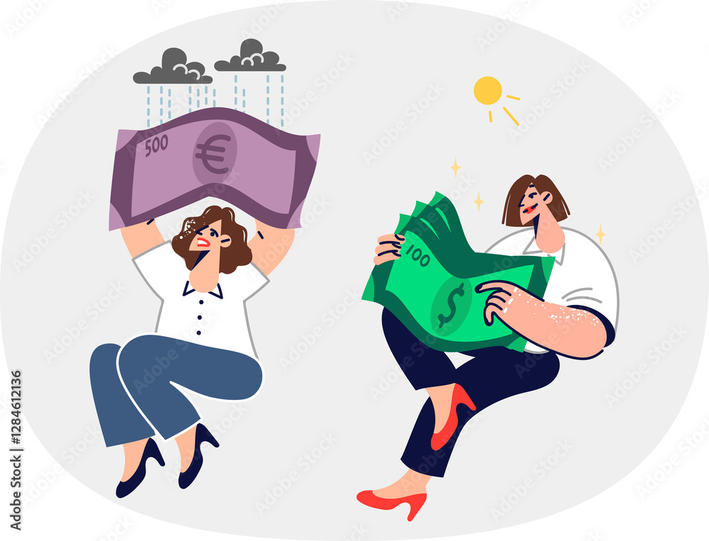 Fototapeta premium Two women with dollars and euros in hands exchange cash into currencies and get different results. Businesswoman with USD rejoices and feels comfortable, while girl with EUR suffers due to crisis