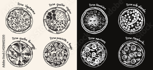 Hand drawn illustration of various types of  pizza. Dish collection template for menu design. Engraved style hand drawn sketch, vector illustration. 