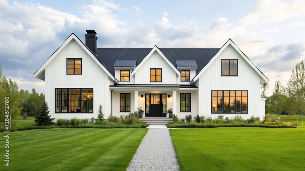 A charming countryside home with a sleek modern design, nestled in a peaceful green landscape with a clear blue sky, offering an elegant and serene living experience A charming countryside home with a sleek modern design, nestled in a peaceful green landscape with a clear blue sky, offering an elegant and serene living experience