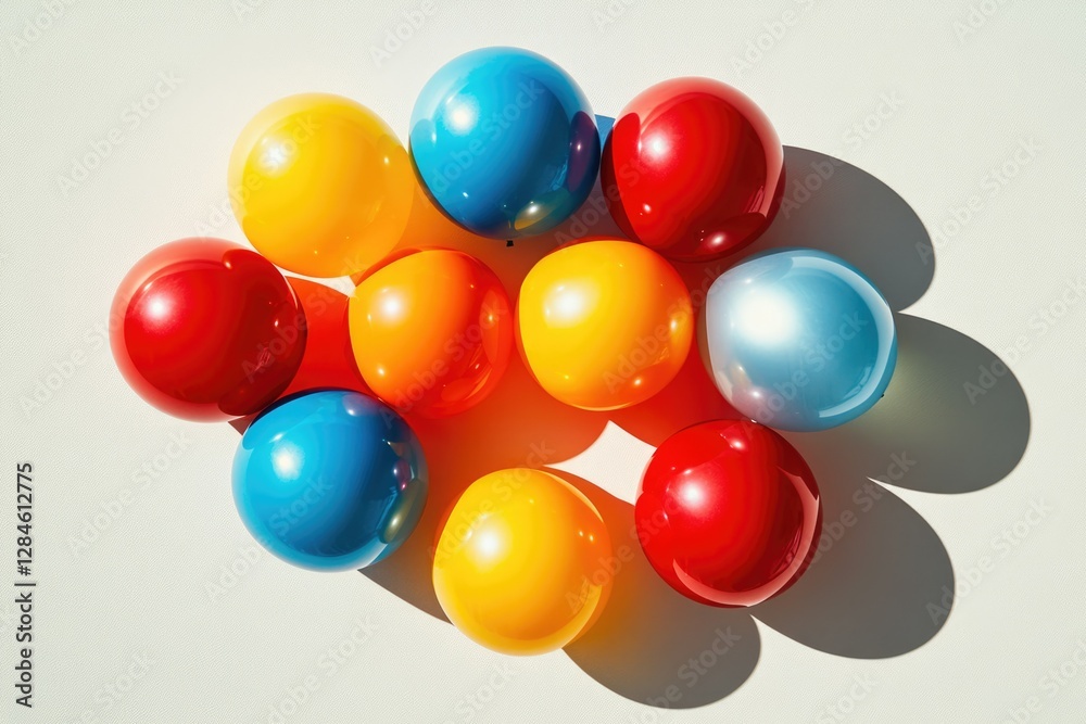 A cluster of colorful balloons, arranged in a circular pattern, casts shadows on a white background. A cluster of colorful balloons, arranged in a circular pattern, casts shadows on a white background.