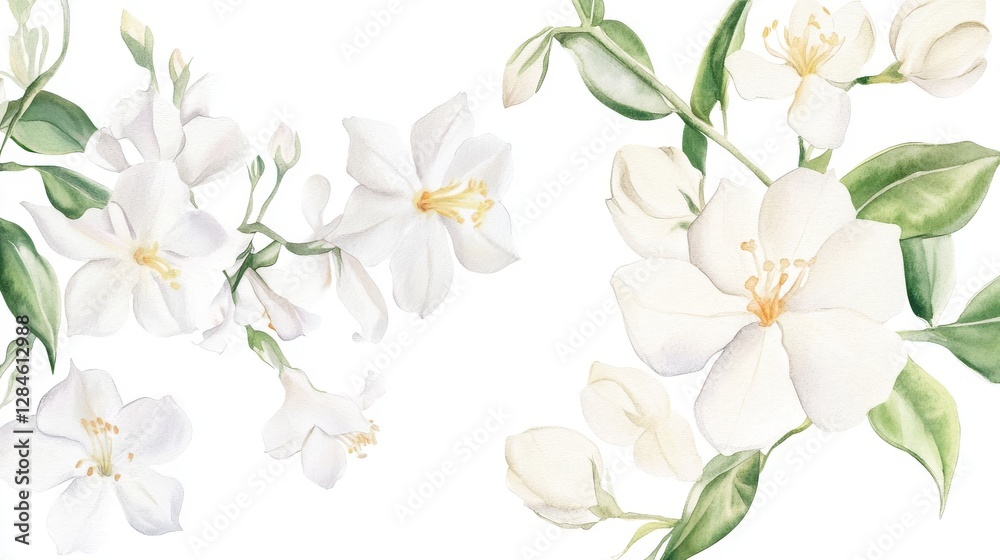 Fototapeta premium Delicate jasmine flowers bloom in soft white hues, evoking romance and fragrance in a serene watercolor botanical illustration