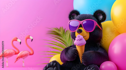 Playful Black Bear Enjoying Ice Cream with Flamingos and Balloons
