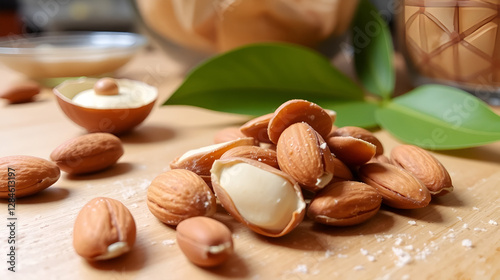 peeled almonds on the table. photo