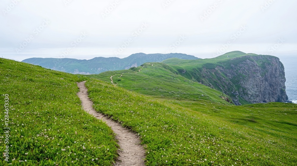 Fototapeta premium Narrow dirt hiking trail winds through lush green grassy hills towards a steep rocky cliff overlooking the ocean under an overcast sky.