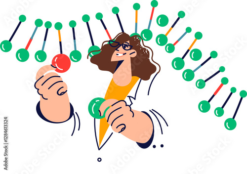 Woman geneticist modifies DNA chain and human genome to cure genetic diseases passed on from parents. DNA sequencing and modification of RNA molecules to increase patient life expectancy