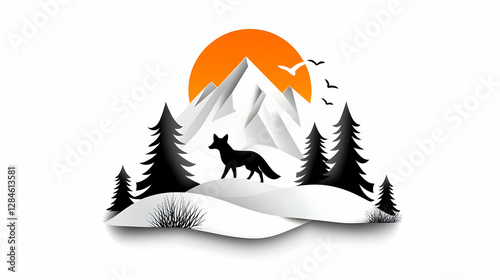 Silhouette Fox in Snowy Mountain Landscape at Sunset