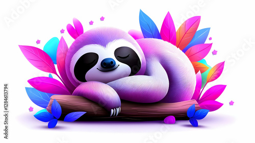 Sleeping Baby Sloth Watercolor Clipart with Vibrant Pink Purple Leaves