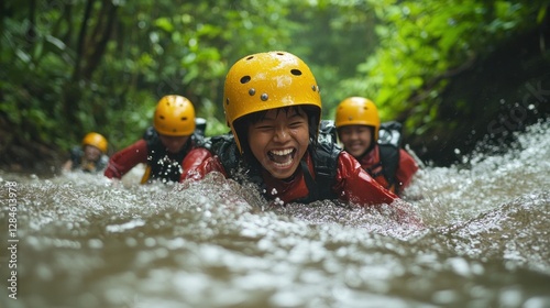 Thrilling River Adventure: Kids Canyoning Through Lush Jungle