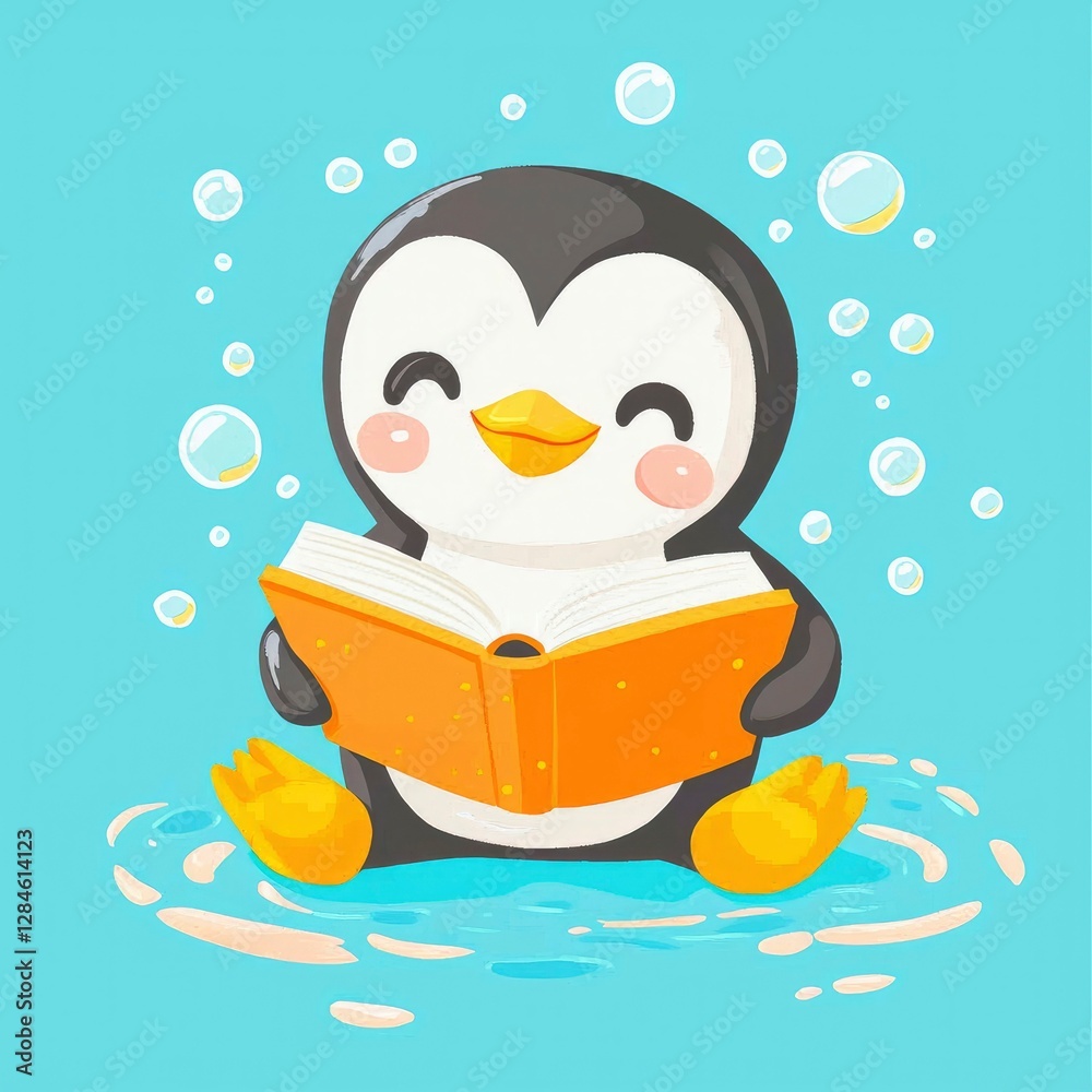 Obraz premium Adorable Penguin Reading a Book in the Water with Bubbles