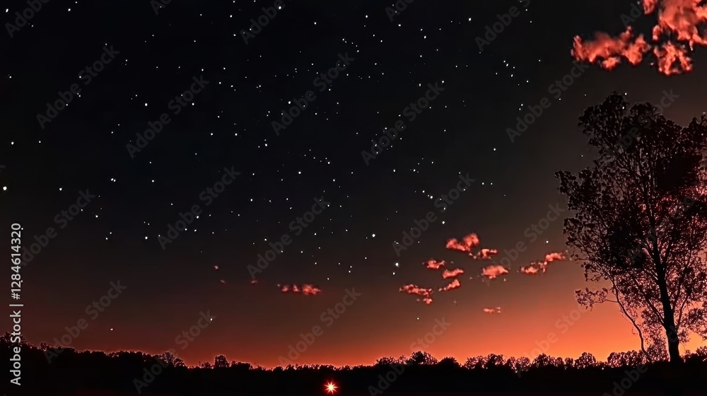 Naklejka premium Glowing embers gently drift through the night sky, creating a magical atmosphere under the cosmic canvas filled with stars and soft clouds
