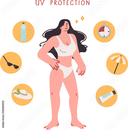 Cream with uv protection for women, want to get even tan and not become victim of radiation. Girl tourist chooses one of several ways for uv protection and salvation from bright sunlight
