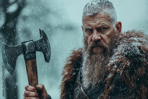 Muscular warrior in fur armor holds an intricately designed axe during a snowy winter day