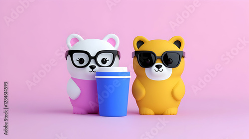 Two Cute Cartoon Bears with Sunglasses and Glasses near Blue Cup on Pink Background