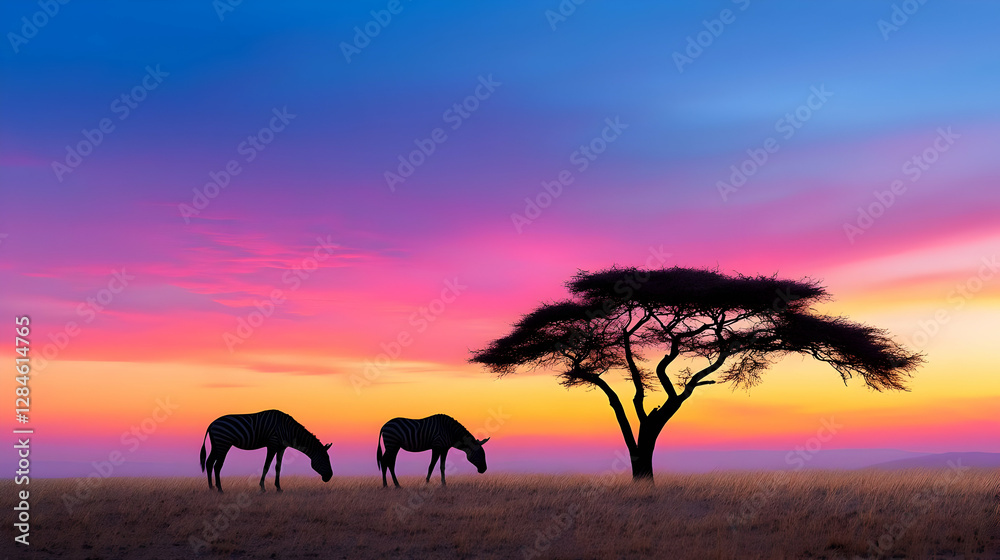 Two Zebras Grazing Under an Acacia Tree at Sunset in the African Savanna Two Zebras Grazing Under an Acacia Tree at Sunset in the African Savanna