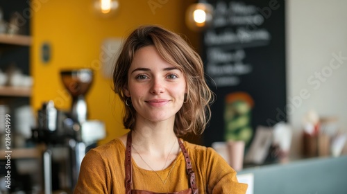 A youthful woman with stylish hair smiles warmly in a trendy cafe. The inviting atmosphere highlights her friendly personality and modern attire.