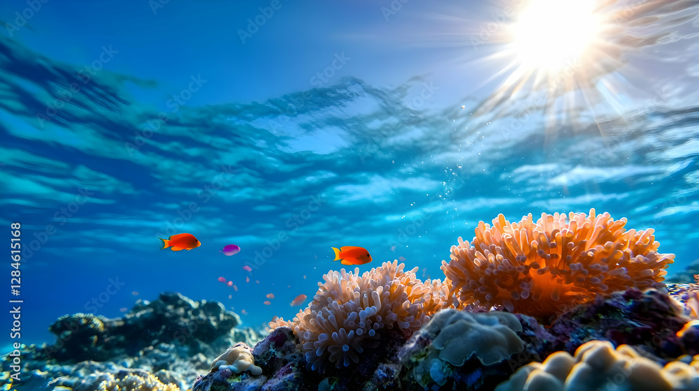 Obraz premium Vibrant Coral Reef Underwater Scene with Sunlight and Colorful Fish