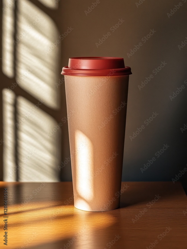 Delicate interplay of light and texture featuring a paper cup with a vibrant red lid amidst soft shadows and natural elements Delicate interplay of light and texture featuring a paper cup with a vibrant red lid amidst soft shadows and natural elements