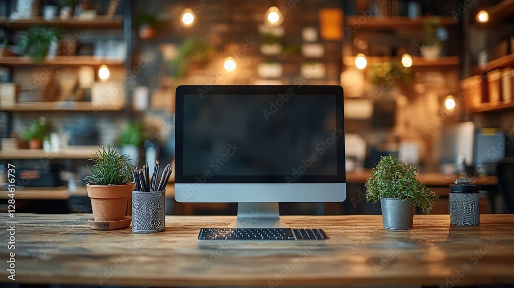Modern Workspace with Computer, Plants, and Warm Lighting