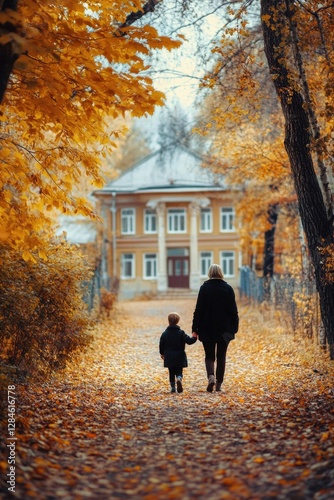 Family enjoying a fall walk along tree-lined path, mother holding child's hand as they traverse leaves.
