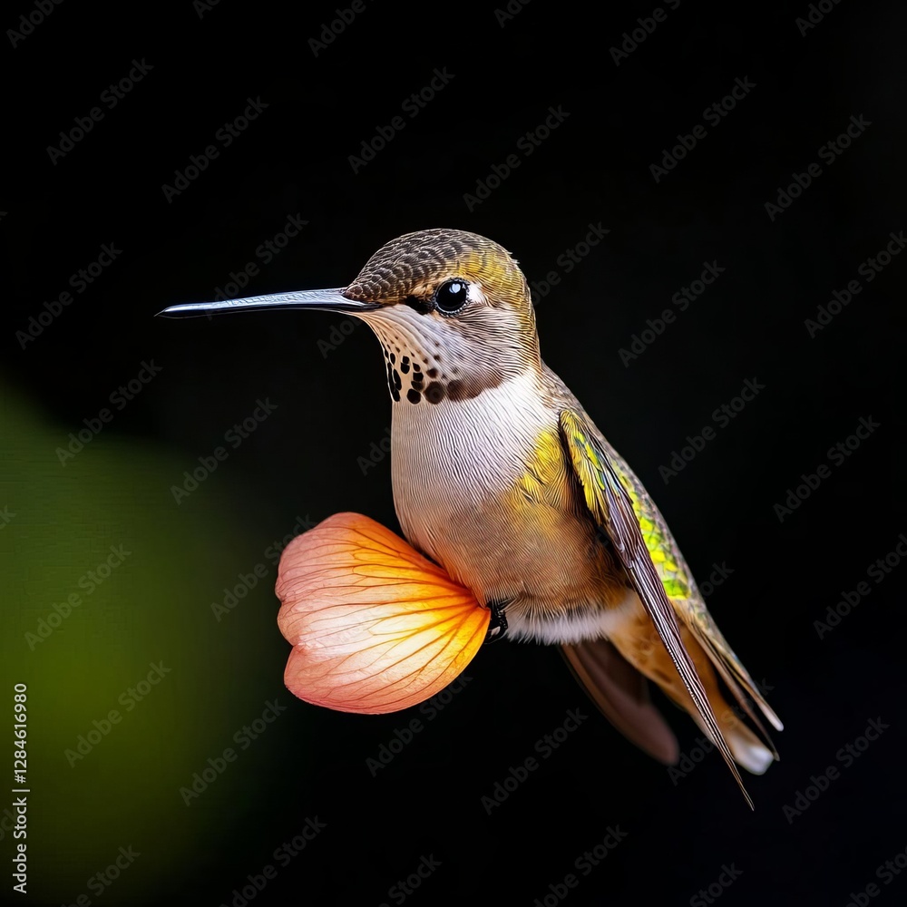 Fototapeta premium A hummingbird resting on a softly swinging flower petal