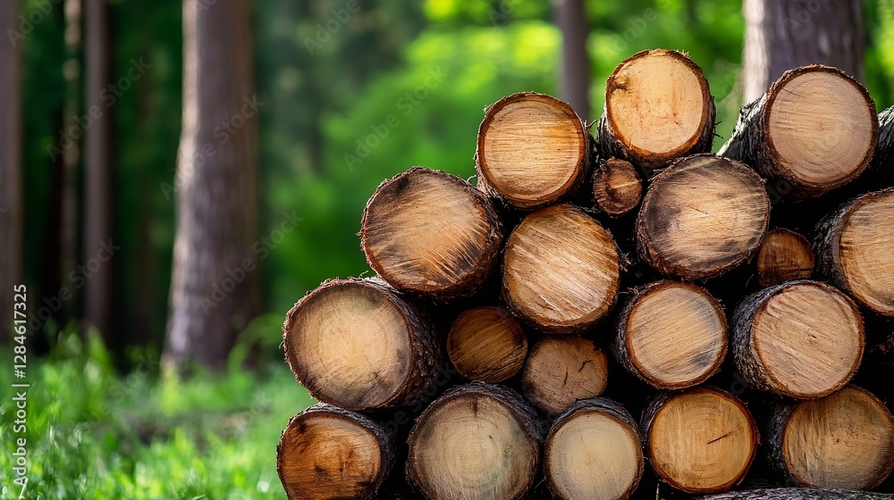 Neatly stacked logs in a lush green forest symbolizing sustainability and nature's tranquility : Generative AI Neatly stacked logs in a lush green forest symbolizing sustainability and nature's tranquility : Generative AI