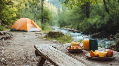 Enjoying a Peaceful Riverside Picnic at a Campsite Surrounded by Lush Greenery During a Sunny Afternoon in Nature