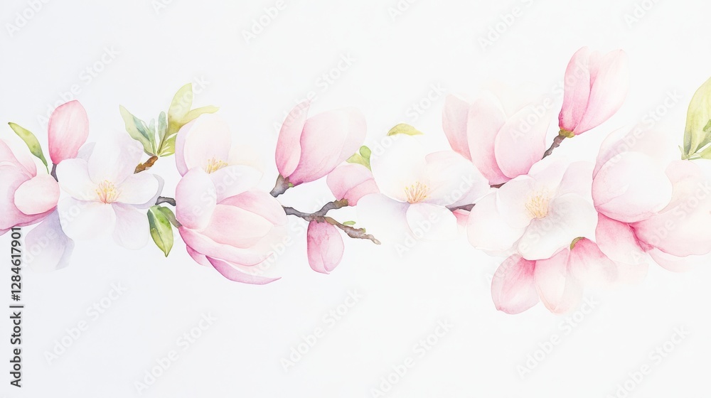 Delicate magnolia blossoms in soft shades of pink and white, embodying elegance in a timeless watercolor botanical illustration Delicate magnolia blossoms in soft shades of pink and white, embodying elegance in a timeless watercolor botanical illustration