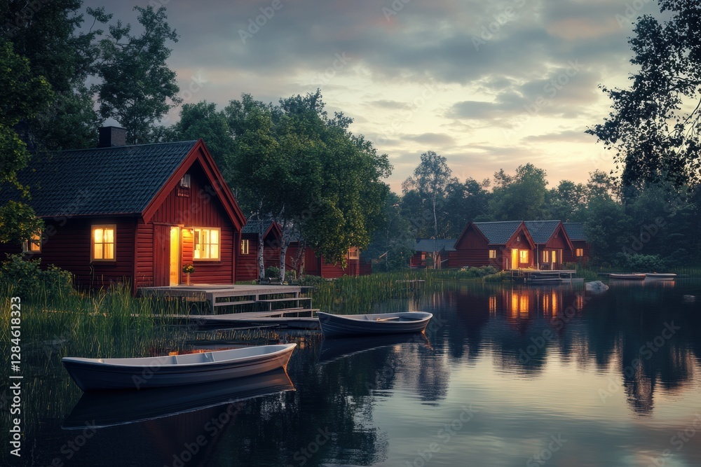 Charming Scandinavian village near a serene lake at twilight with cozy cabins and small boats. Generative AI Charming Scandinavian village near a serene lake at twilight with cozy cabins and small boats. Generative AI