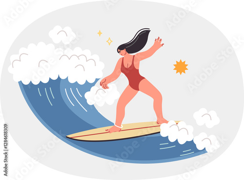 Photography Woman doing surfing on sea waves, enjoying extreme sport during summer vacation on island