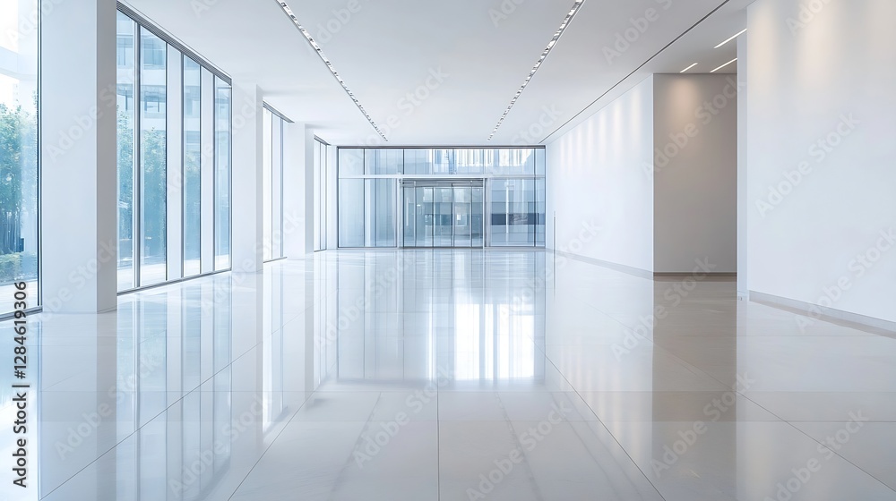 Bright and spacious modern interior of an empty office building featuring large windows and polished floors for a contemporary look : Generative AI Bright and spacious modern interior of an empty office building featuring large windows and polished floors for a contemporary look : Generative AI