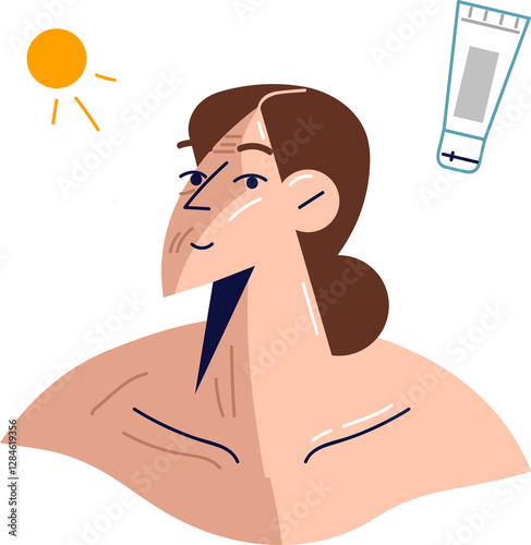 Girl uses SPF cream to avoid tanning in summer, for fear of getting skin cancer due to sun rays. Woman before and after using sunscreen with spf function or cosmetics to get even tan