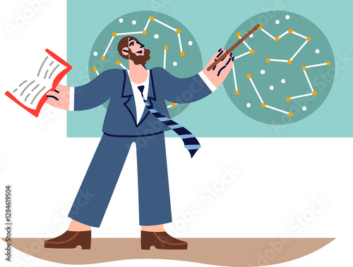 Man astronomer studies star map and points out constellations, giving lecture to university students. Smart guy works as astronomer doing scientific work on topic of space and universe.