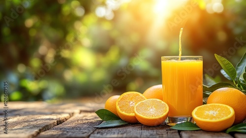 Fresh orange juice glass, orchard sunlight, wooden table