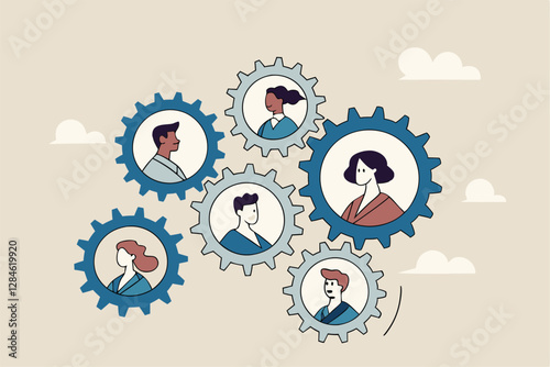 Team or organization, office role or job position or skills to drive company, teamwork or collaboration for success, team effort concept, business people working to rotate connected cogwheels gear.