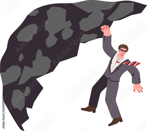Business man is hanging on cliff at risk of life, and may fall due to dangerous adventure. Agent or spy climbs sheer mountain at top and takes risk to spy on surveillance object from above