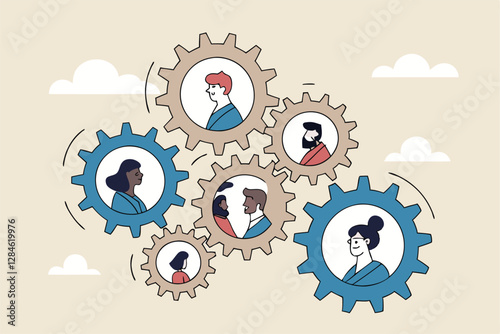 Team or organization, office role or job position or skills to drive company, teamwork or collaboration for success, team effort concept, business people working to rotate connected cogwheels gear.