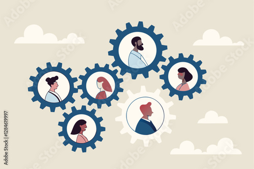 Team or organization, office role or job position or skills to drive company, teamwork or collaboration for success, team effort concept, business people working to rotate connected cogwheels gear.