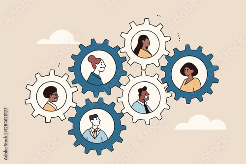 Team or organization, office role or job position or skills to drive company, teamwork or collaboration for success, team effort concept, business people working to rotate connected cogwheels gear.