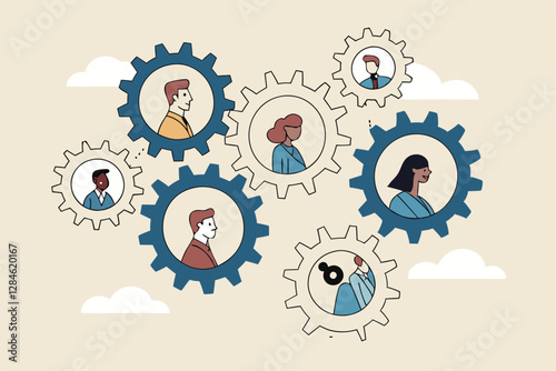 Team or organization, office role or job position or skills to drive company, teamwork or collaboration for success, team effort concept, business people working to rotate connected cogwheels gear.