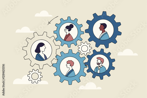 Team or organization, office role or job position or skills to drive company, teamwork or collaboration for success, team effort concept, business people working to rotate connected cogwheels gear.