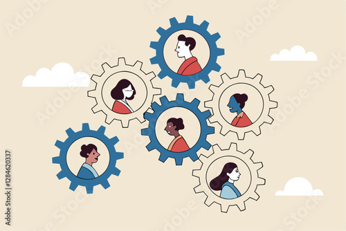 Team or organization, office role or job position or skills to drive company, teamwork or collaboration for success, team effort concept, business people working to rotate connected cogwheels gear.