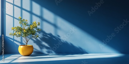 Bright Indoor Plant in Yellow Pot Casts Shadows on Blue Wall During Sunny Morning Light