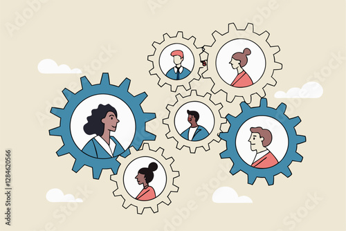 Team or organization, office role or job position or skills to drive company, teamwork or collaboration for success, team effort concept, business people working to rotate connected cogwheels gear.