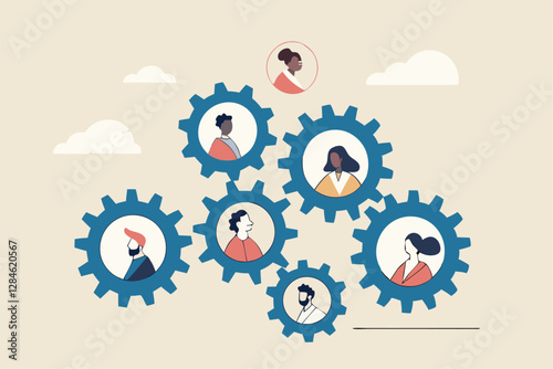 Team or organization, office role or job position or skills to drive company, teamwork or collaboration for success, team effort concept, business people working to rotate connected cogwheels gear.