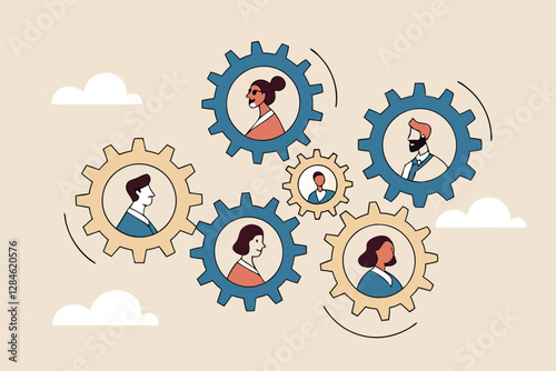 Team or organization, office role or job position or skills to drive company, teamwork or collaboration for success, team effort concept, business people working to rotate connected cogwheels gear.