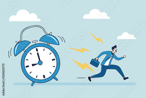 Late, hurry to go to work, rushing or running fast before deadline, speed or busy job, pressure or challenge to finish work in time, urgency concept, frustrated businessman hurry running to work late.