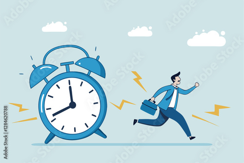 Late, hurry to go to work, rushing or running fast before deadline, speed or busy job, pressure or challenge to finish work in time, urgency concept, frustrated businessman hurry running to work late.